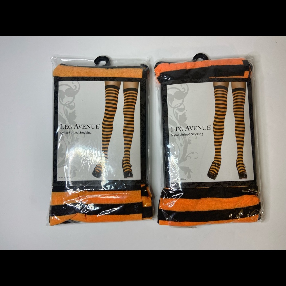 Leg Avenue Nylon Striped Stockings NWT Orange & Black set of 2 packs